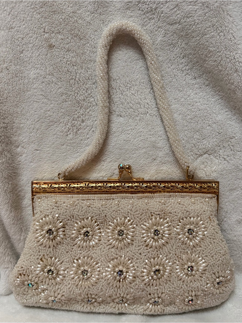 Ivory Beaded Floral Evening Clutch with Gold Frame